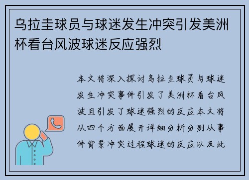 乌拉圭球员与球迷发生冲突引发美洲杯看台风波球迷反应强烈